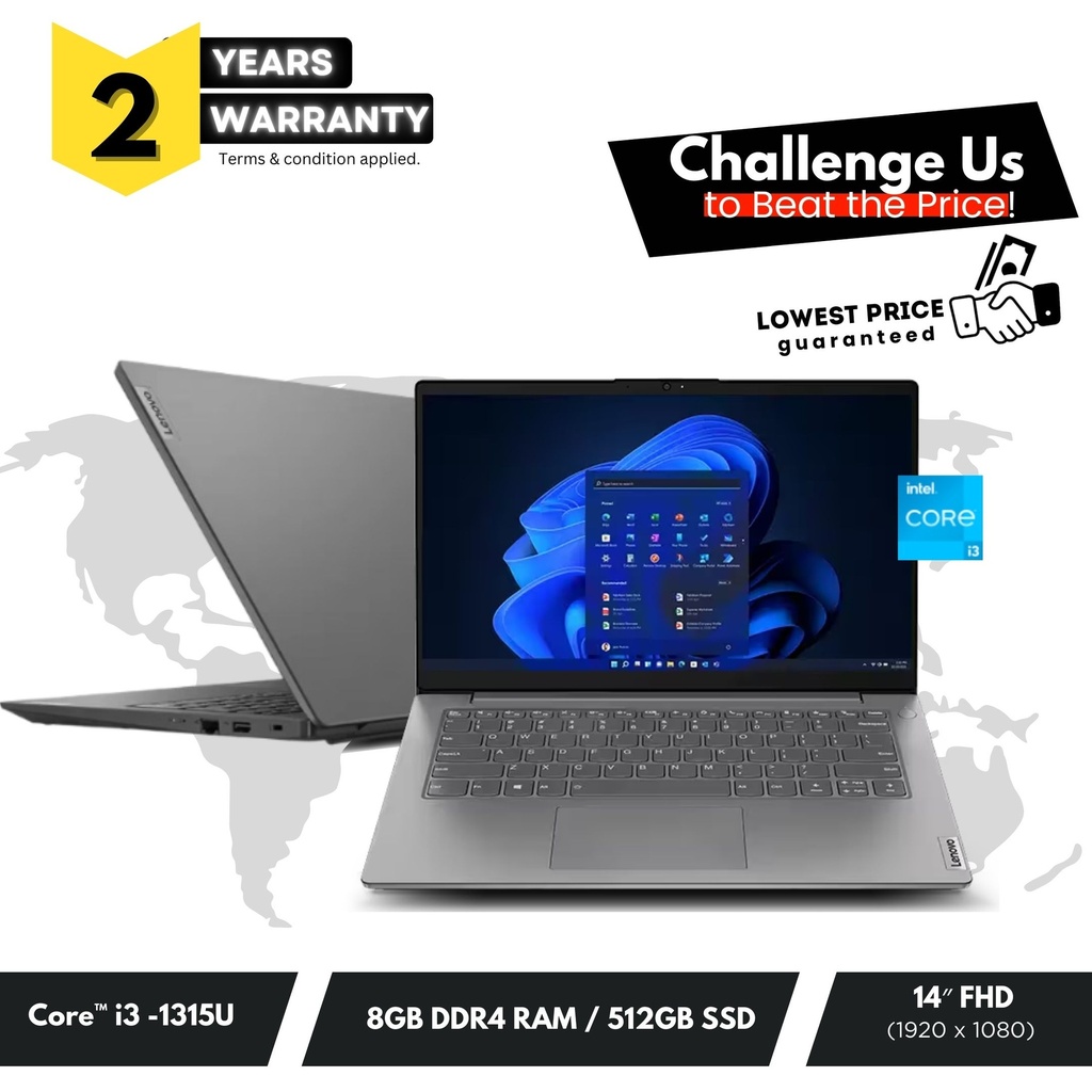 LENOVO V14 G4 IRU#83A00055UE-INTEL CORE I3-13TH GEN-1315U-RAM 8GB DDR4-3200BUS,SSD 512GB,INTEL UHD GRAP,14.0''FHD,BT,WIFI,WC,FREE DOS,BLACK,02YEAR(BATTERY+ADAPTER-01YEAR)