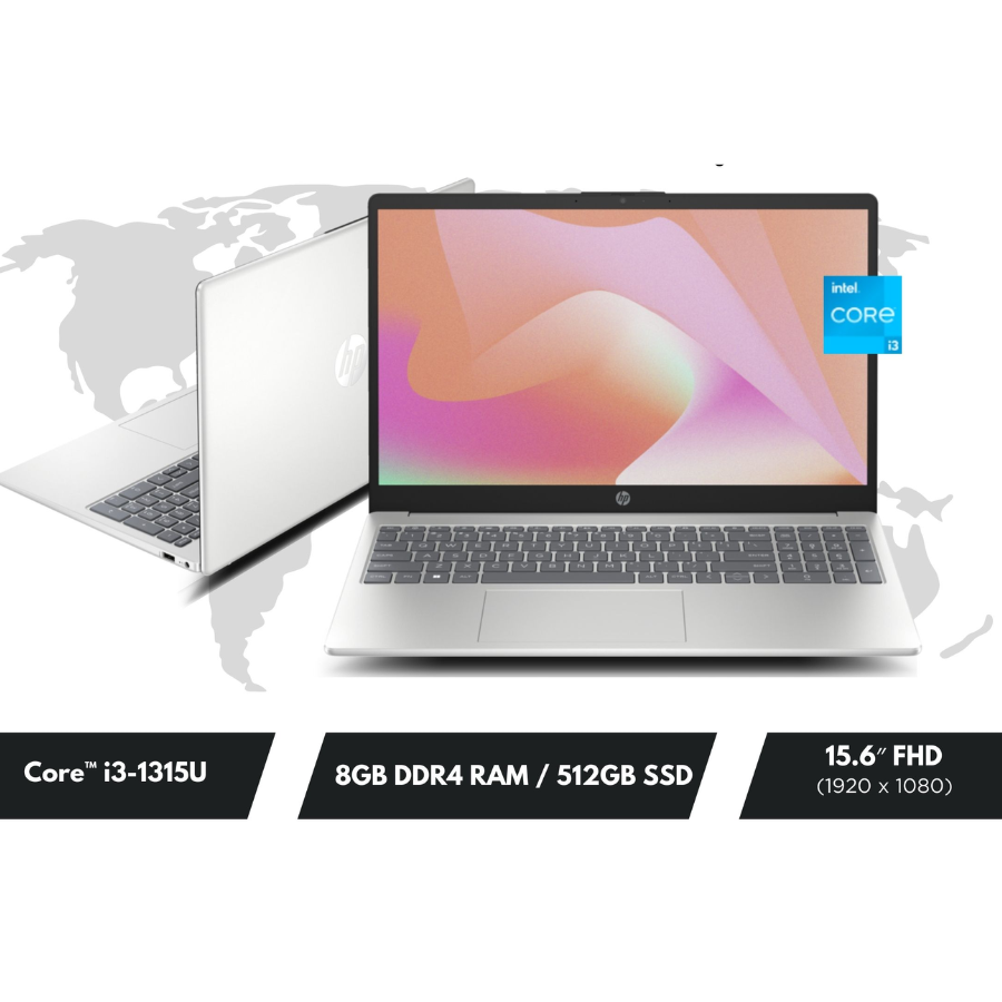 HP 15 FD0477 INTEL CORE I3-13TH GEN-1315U-RAM 8GB DDR4,SSD 512GB,15.6FHD,BACKLIT K/B,BT,WIFI,WC,N.SILVER-02YEAR(BATTERY+ADAPTER-01YEAR)